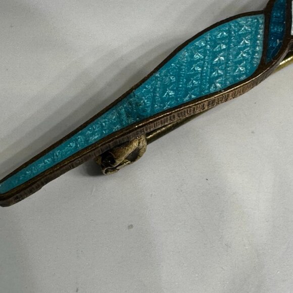 Antique Enamel Guilloche Brooch Pin Flower Blue Gold Plated C clasp - Picture 9 of 16